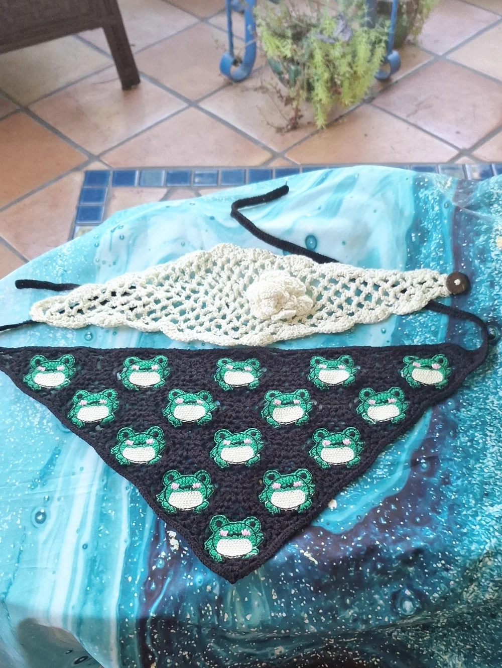 Set Of 2 Crochet Frog Bandana Scarf & Ivory Crochet Headband